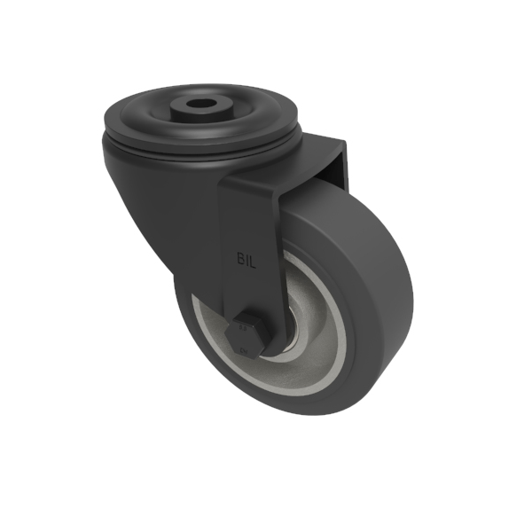 Black Elastic Rubber 65ShoreA Bolthole Swivel Castor 80mm 180kg Load