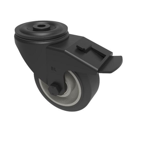 Black Elastic Rubber 65ShoreA Bolthole Swivel Castor Brake 100mm 200kg Load