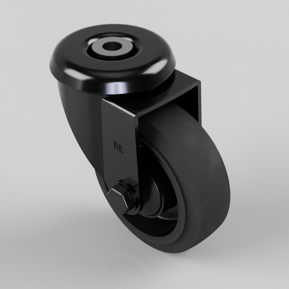 Black Elastic Rubber 65ShoreA Bolthole Swivel Castor 100mm 200kg Load