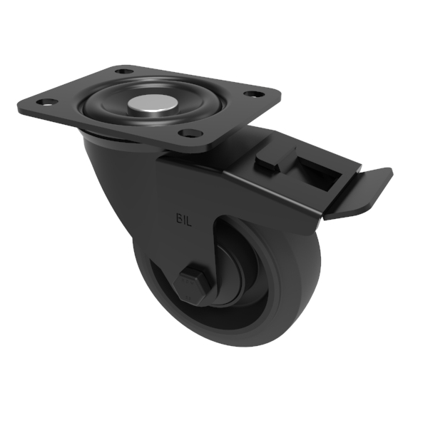 Black Elastic Rubber 65ShoreA Plate Swivel Castor Brake 100mm 200kg Load