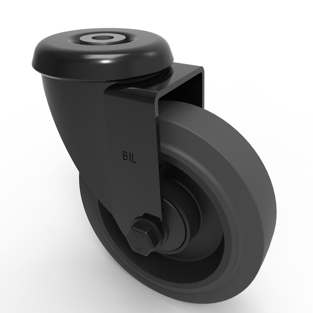 Black Elastic Rubber 65ShoreA Bolthole Swivel Castor 125mm 250kg Load