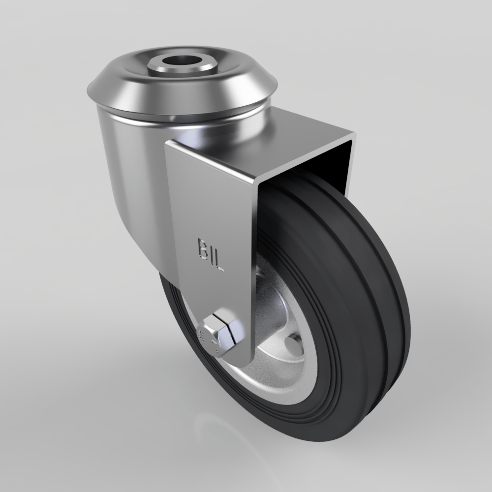 Black Rubber Pressed Steel Bolt Hole Swivel Castor 100mm 70kg Load