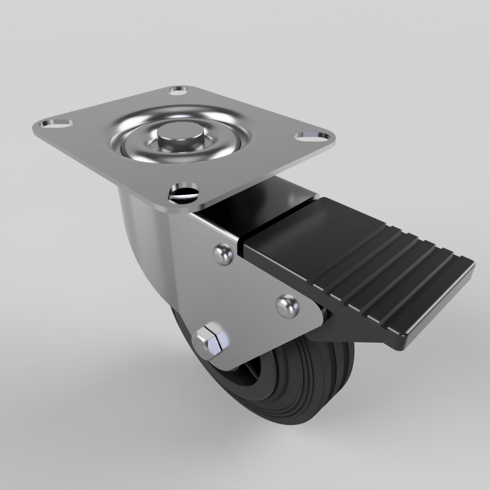 Black Rubber Plate Swivel Castor Brake 100mm 70kg Load