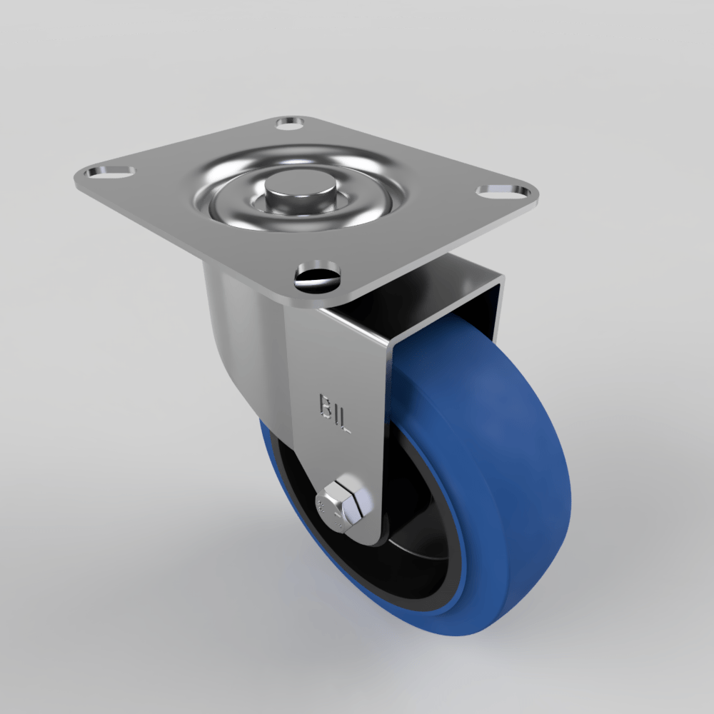 Blue Elastic Rubber 65ShoreA Plate Swivel Castor 100mm 125kg Load