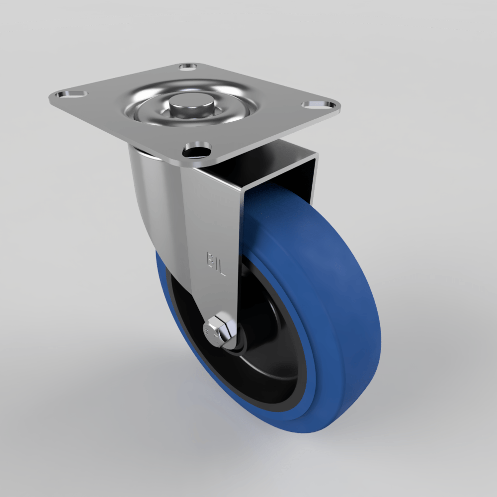 Blue Elastic Rubber 65ShoreA Plate Swivel Castor 125mm 125kg Load