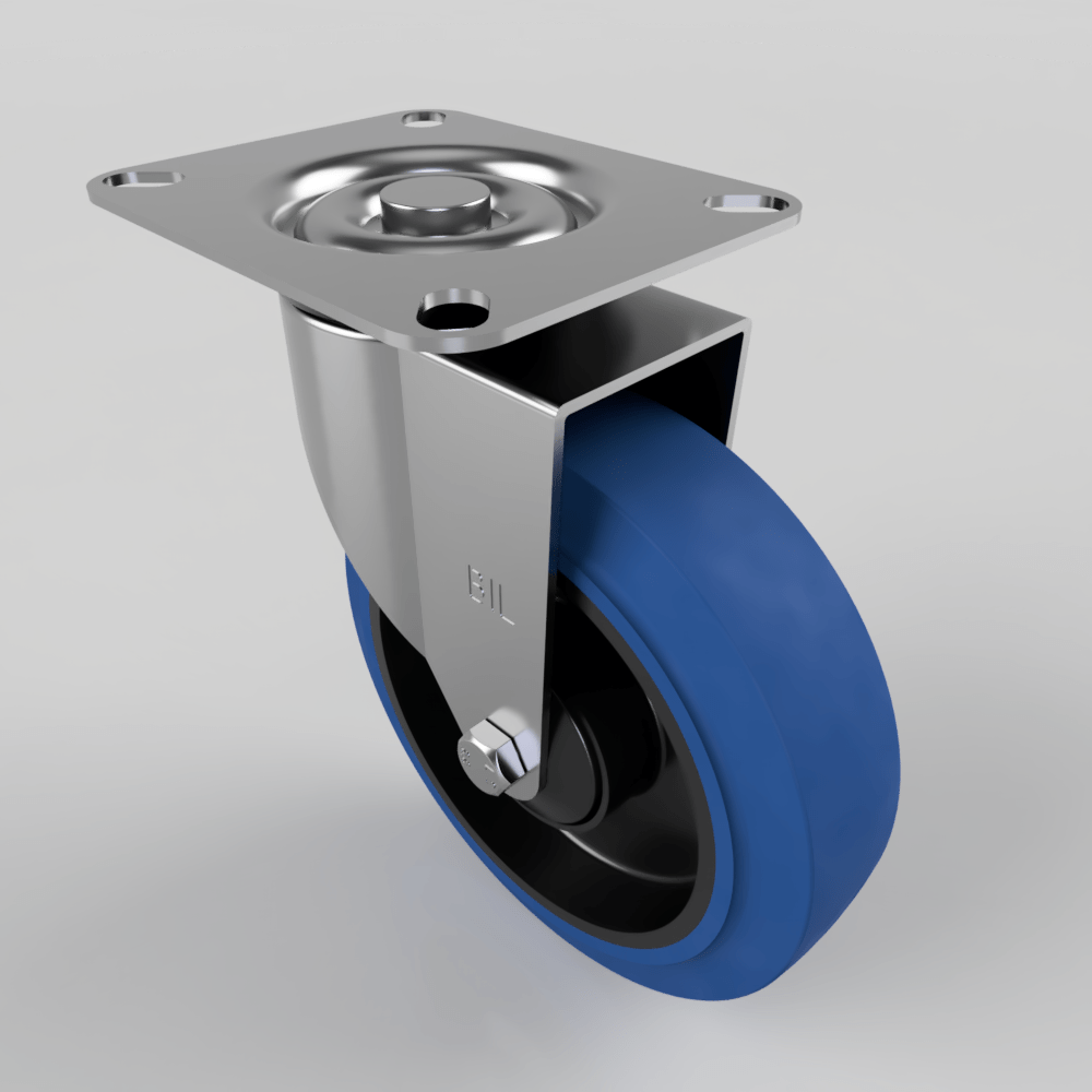 Blue Elastic Rubber 65ShoreA Plate Swivel Castor 125mm 125kg Load