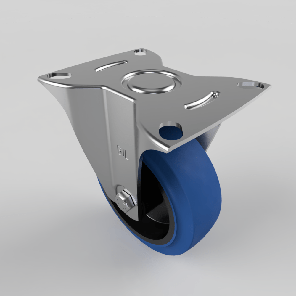 Blue Elastic Rubber 65ShoreA Plate Fixed Castor 100mm 125kg Load