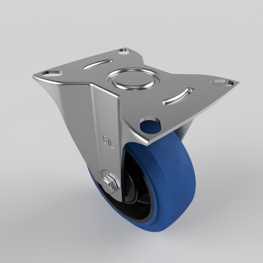 Blue Elastic Rubber 65ShoreA Plate Fixed Castor 100mm 125kg Load