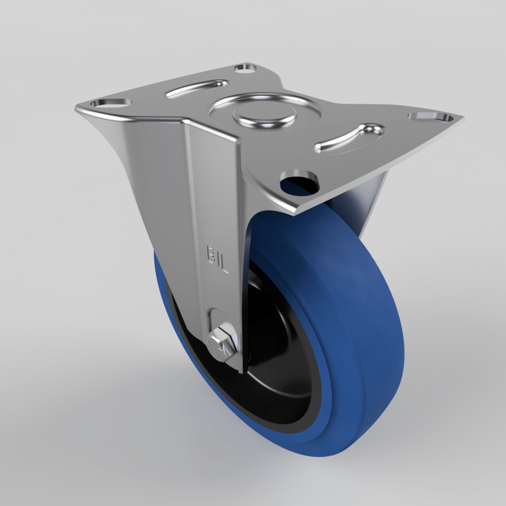 Blue Elastic Rubber 65ShoreA Plate Fixed Castor 100mm 125kg Load
