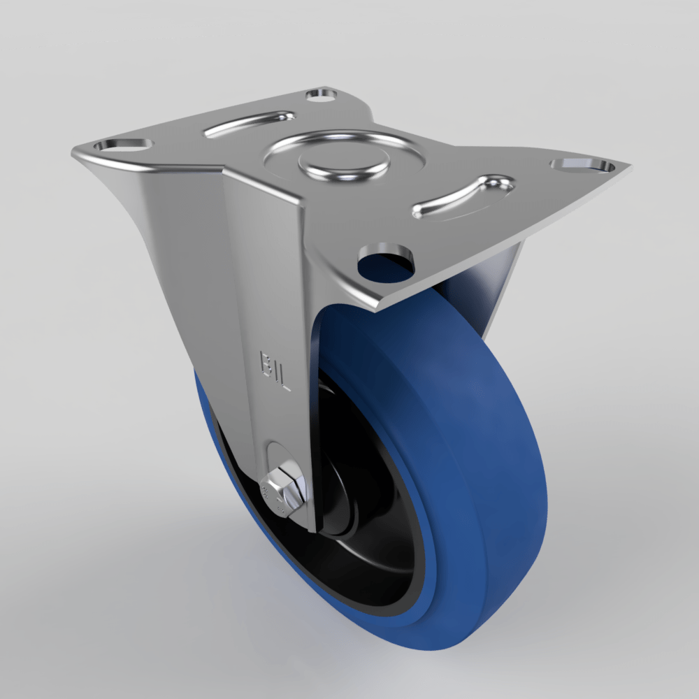 Blue Elastic Rubber 65ShoreA Plate Fixed Castor 125mm 125kg Load