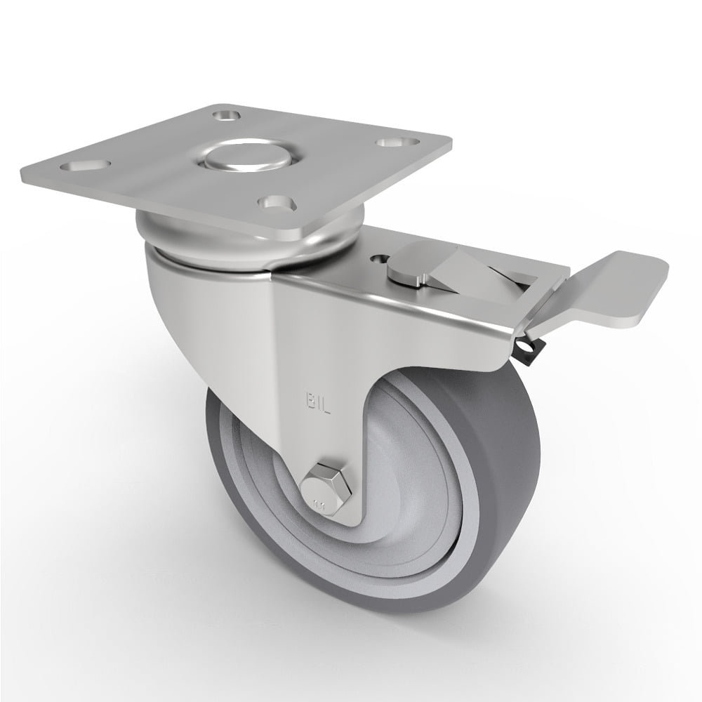 Grey Rubber Plate Swivel Castor Brake 75mm 50kg Load