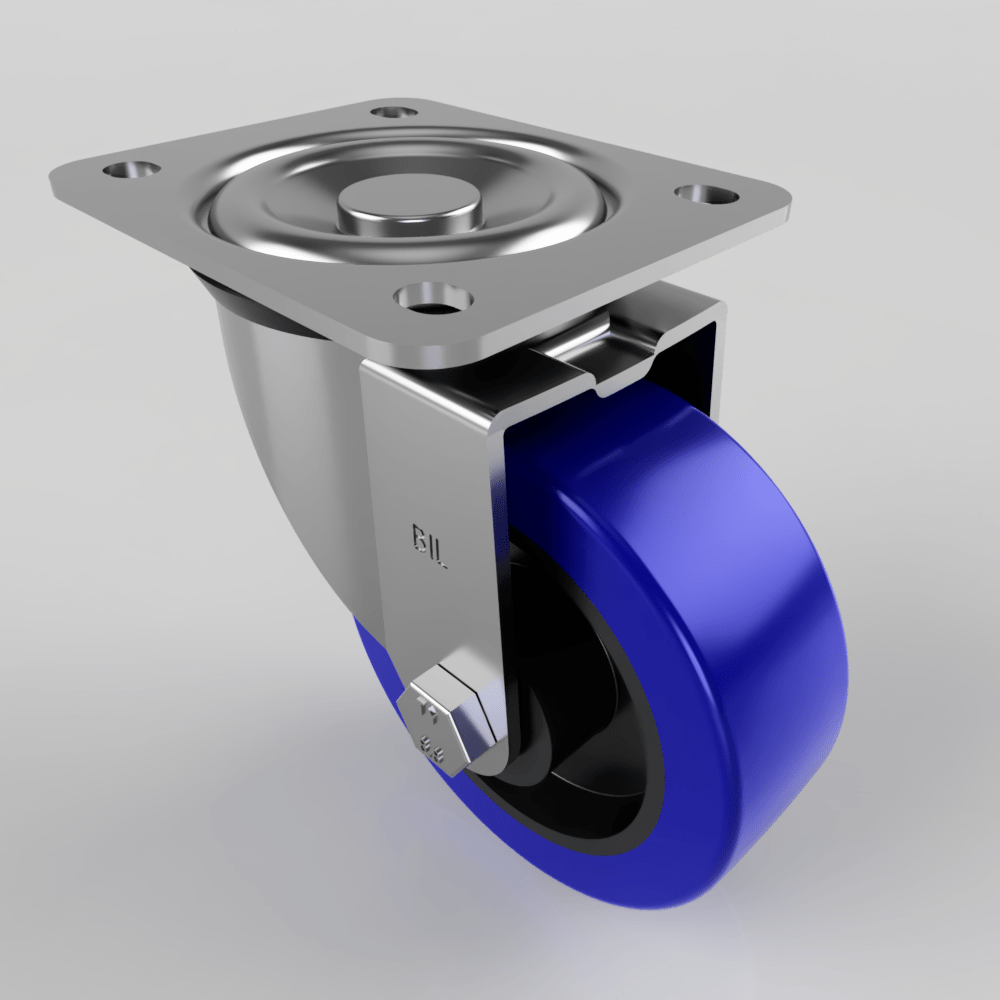 Blue Elastic Rubber 75ShoreA Plate Swivel Castor 100mm 200kg Load