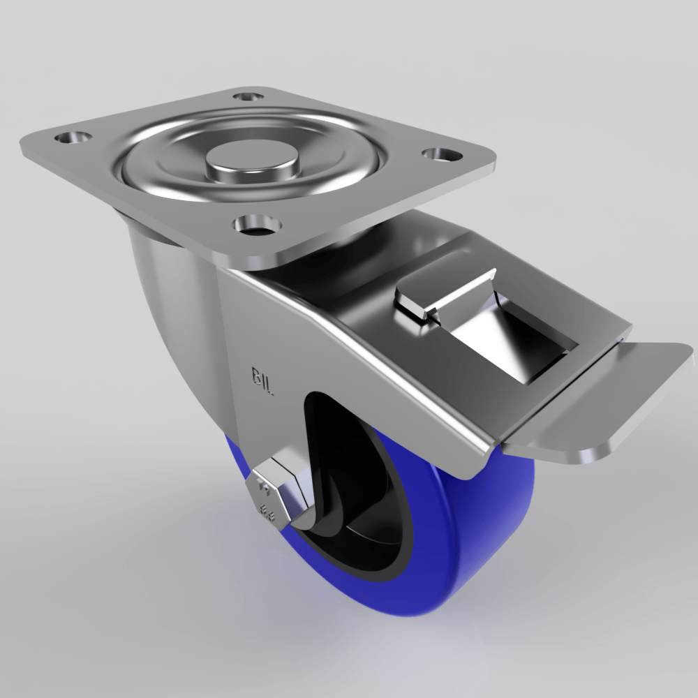 Blue Elastic Rubber 75ShoreA Plate Swivel Castor Brake 100mm 200kg Load