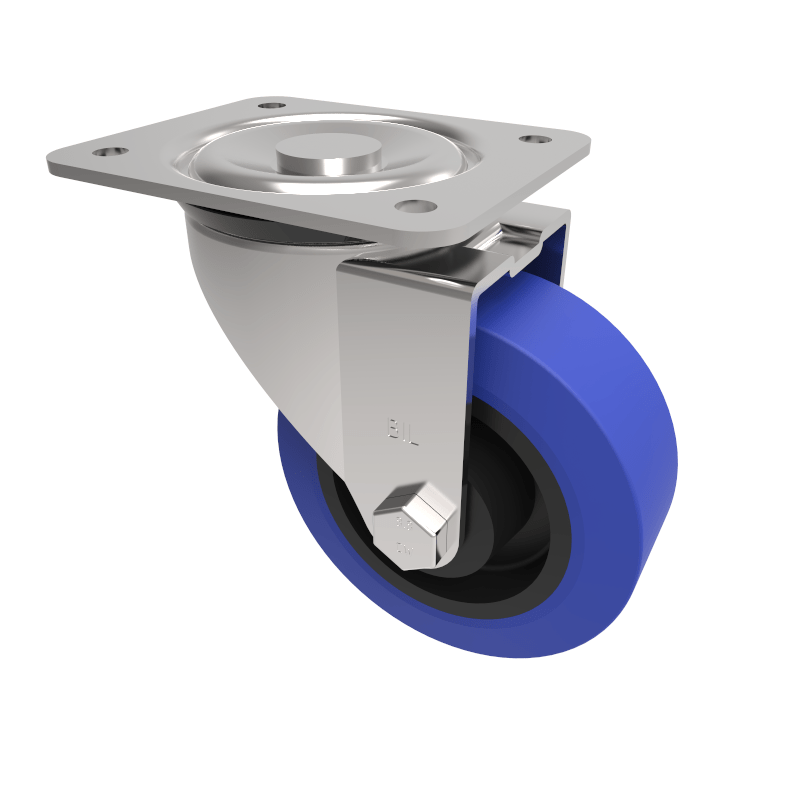 Blue Elastic Rubber 75ShoreA Plate Swivel Castor 100mm 250kg Load