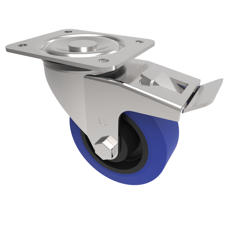 Blue Elastic Rubber 75ShoreA Plate Swivel Castor Brake 100mm 250kg Load
