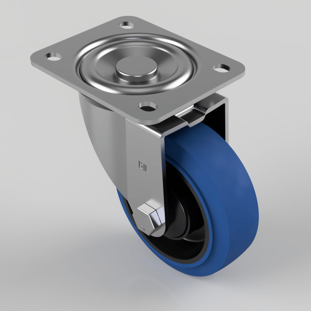 Blue Elastic Rubber 65ShoreA Plate Swivel Castor 100mm 200kg Load