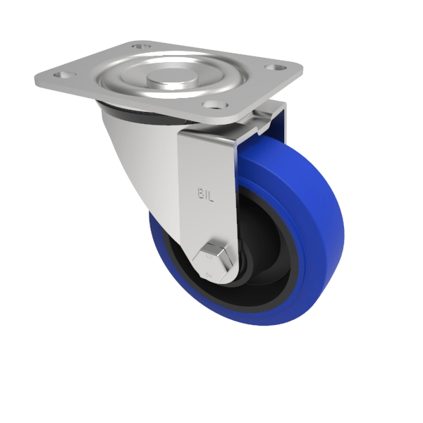 Blue Elastic Rubber 65ShoreA Plate Swivel Castor 100mm 200kg Load