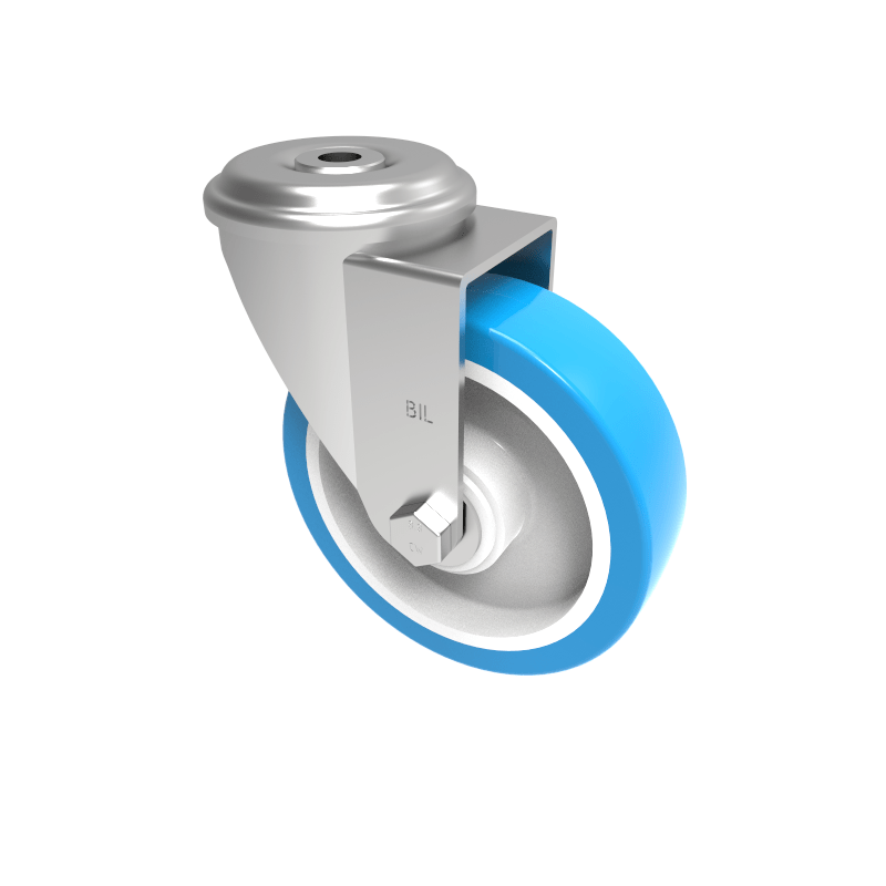 Soft Blue Polyurethane Nylon Bolt Hole Swivel Castor 80mm 150kg Load