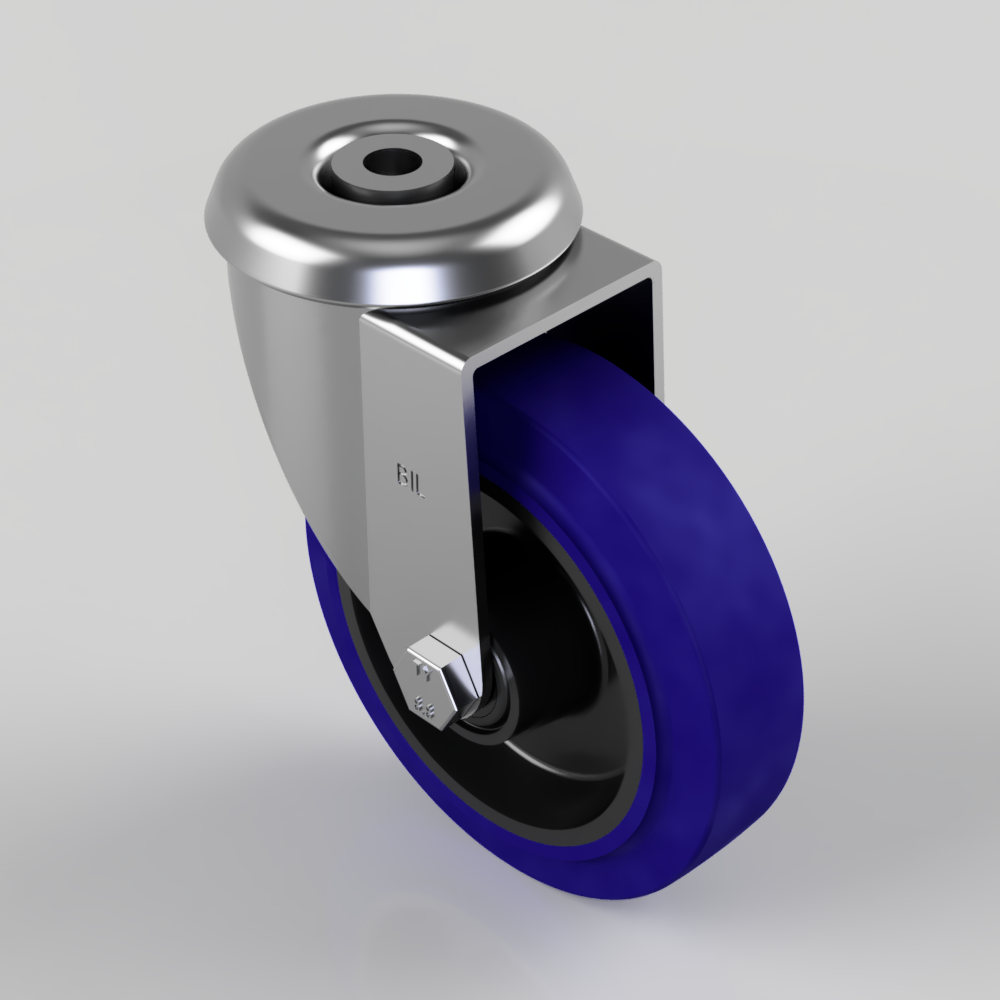 Blue Elastic Rubber 75ShoreA Bolt Hole Swivel Castor 125mm 200kg Load