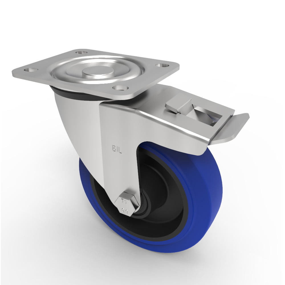 Blue Elastic Rubber 75ShoreA Plate Swivel Castor Brake 125mm 250kg Load