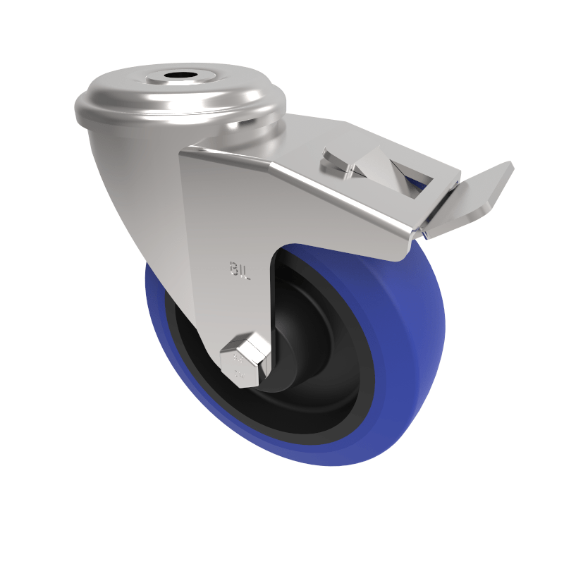 Blue Elastic Rubber 75ShoreA Bolt Hole Swivel Castor Brake 125mm 250kg