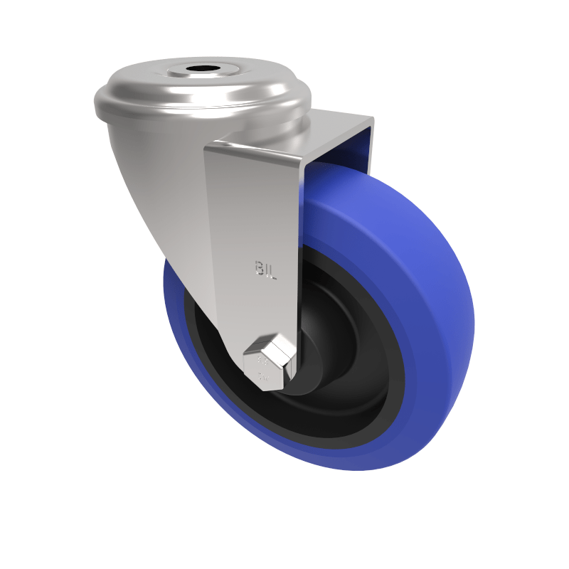 Blue Elastic Rubber 75ShoreA Bolt Hole Swivel Castor 125mm 250kg Load