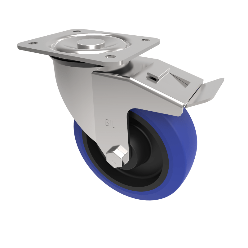 Blue Elastic Rubber 75ShoreA Plate Swivel Castor Brake 125mm 250kg Load