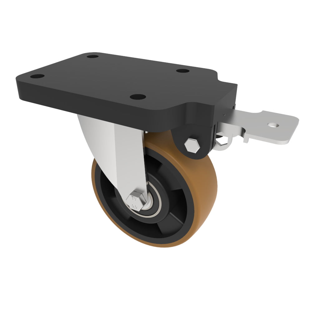 Brown Polyurethane Swivel Braked Plate Castor 125mm 300kg