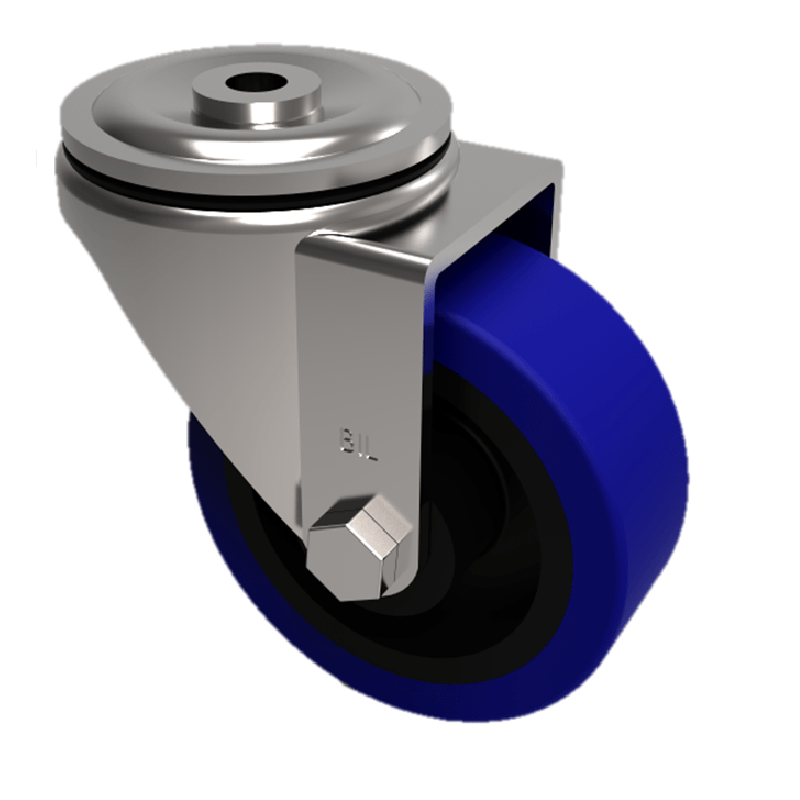 Blue Elastic Rubber 75ShoreA Bolt Hole Swivel Castor 100mm 250kg Load