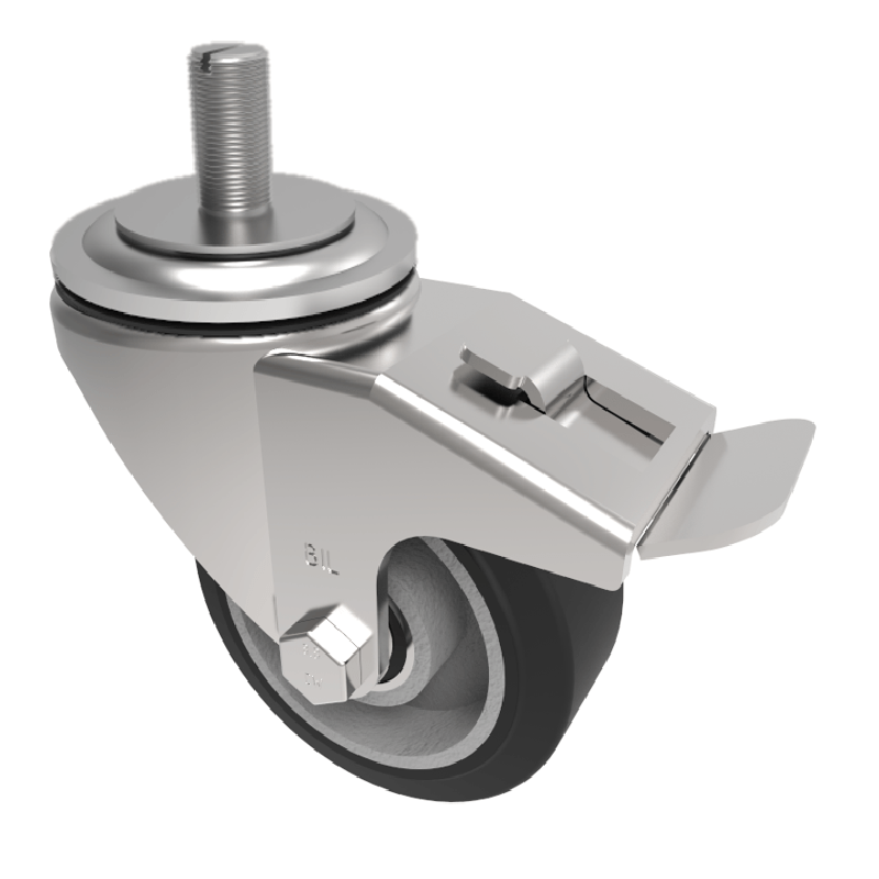 Elastic Rubber on Aluminium 65Shore A Stem Swivel Castor Brake 100mm 200kg Load