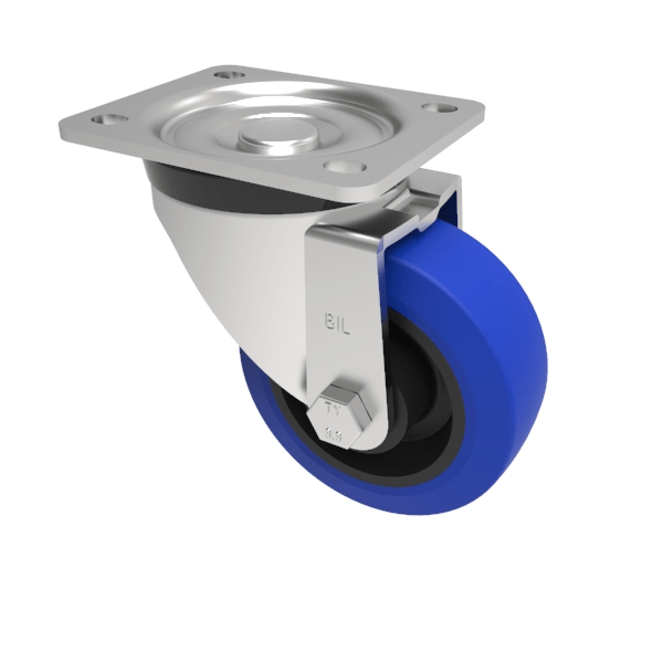 Blue Elastic Rubber 75ShoreA Plate Swivel Castor 100mm 250kg Load