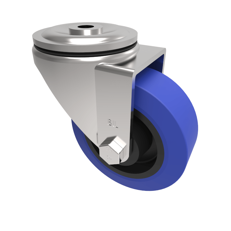 Blue Elastic Rubber 75ShoreA Bolt Hole Swivel Castor 100mm 250kg Load