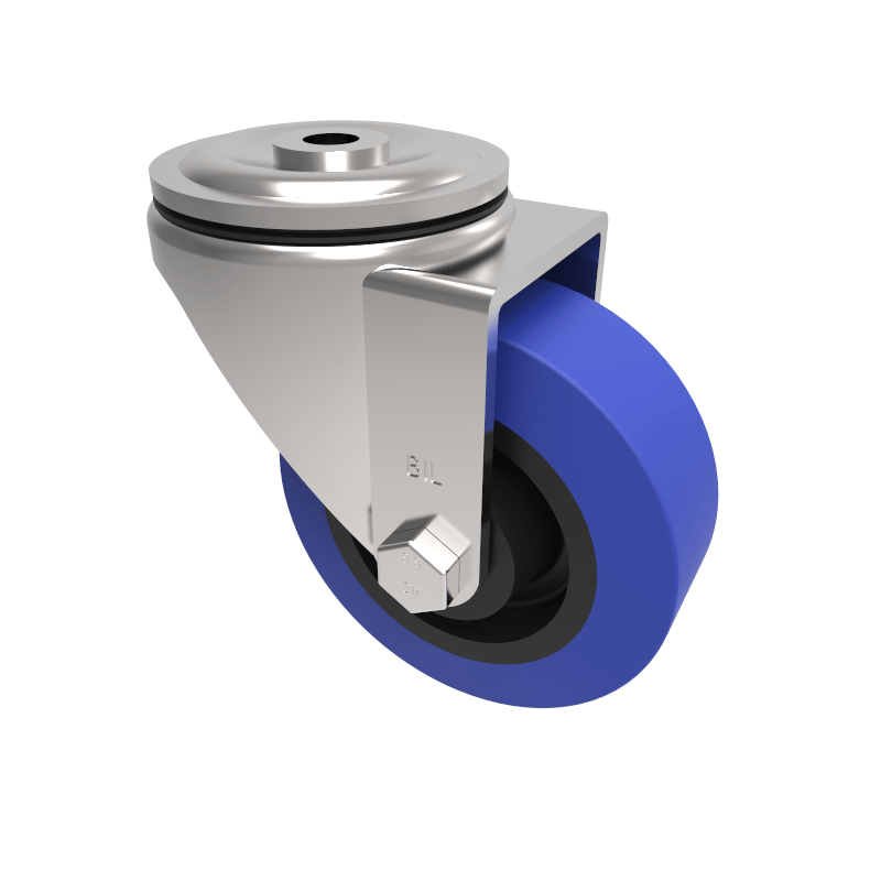 Blue Elastic Rubber 75ShoreA Bolt Hole Swivel Castor 80mm 120kg Load