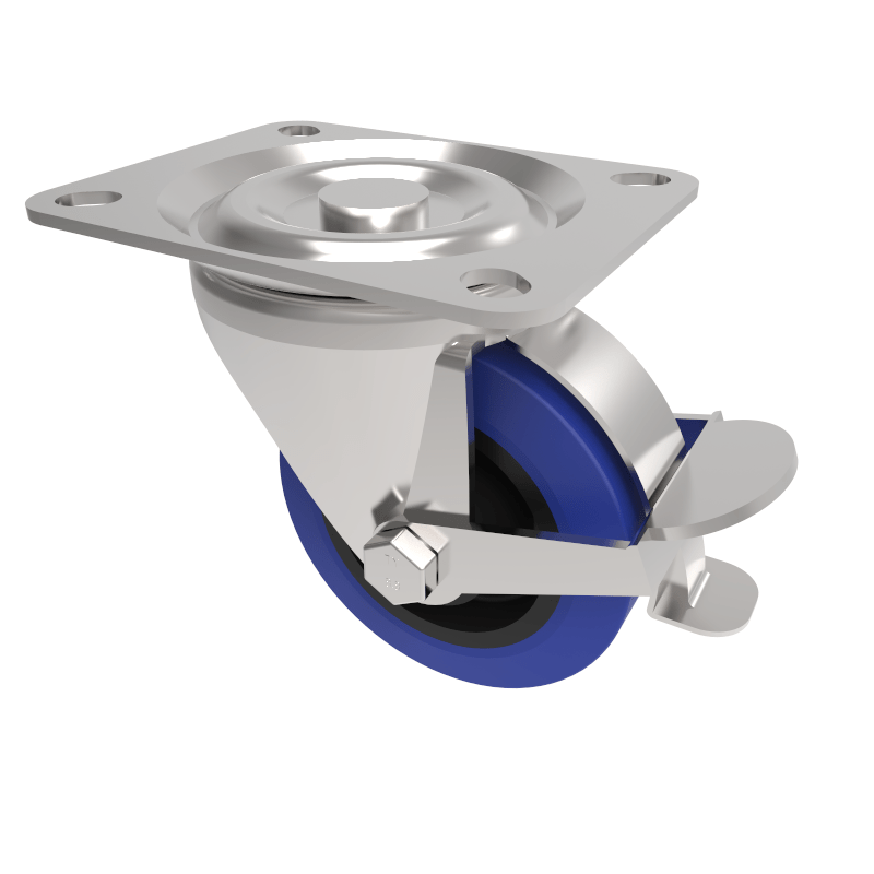 Blue Elastic Rubber 65ShoreA Plate Swivel Castor Brake 100mm 200kg Load