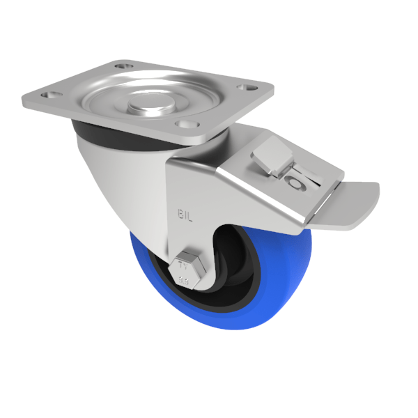 Blue Elastic Rubber 75ShoreA Plate Swivel Castor Brake 100mm 250kg Load