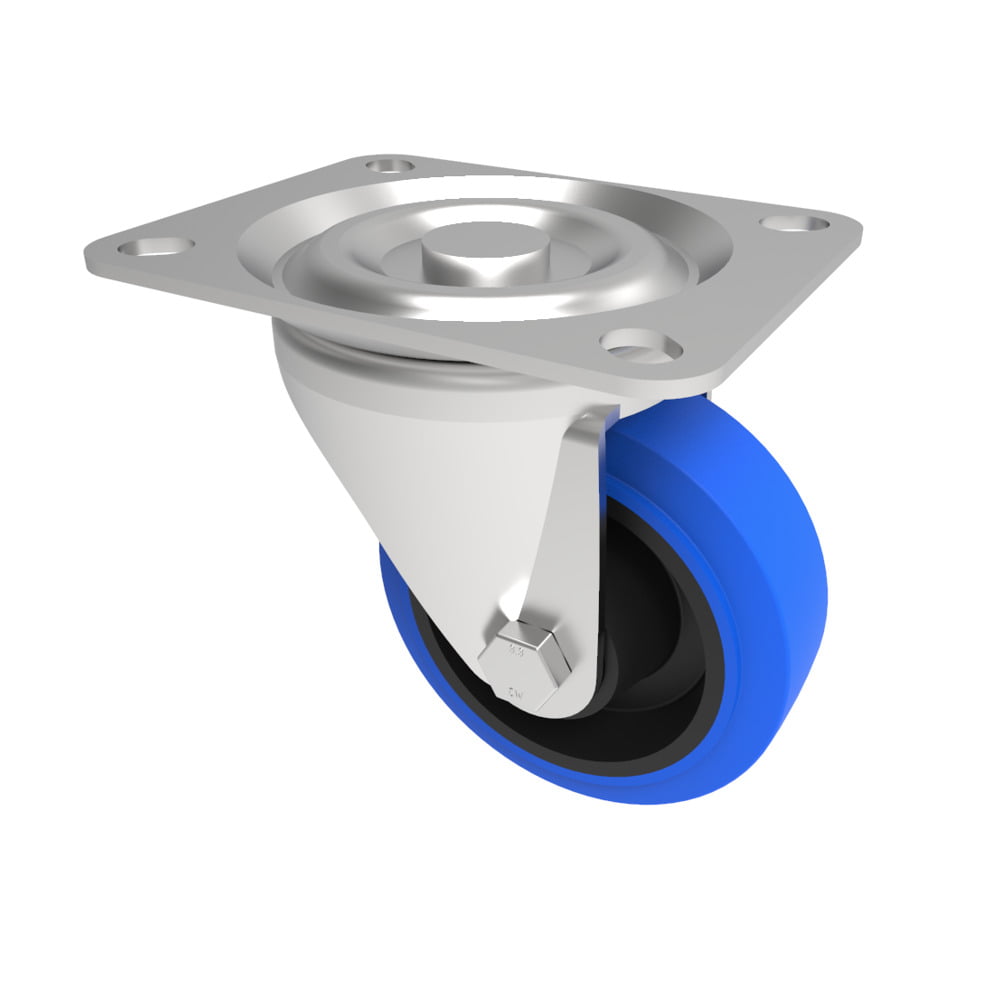 Blue Elastic Rubber 65ShoreA Plate Swivel Castor 100mm 200kg Load
