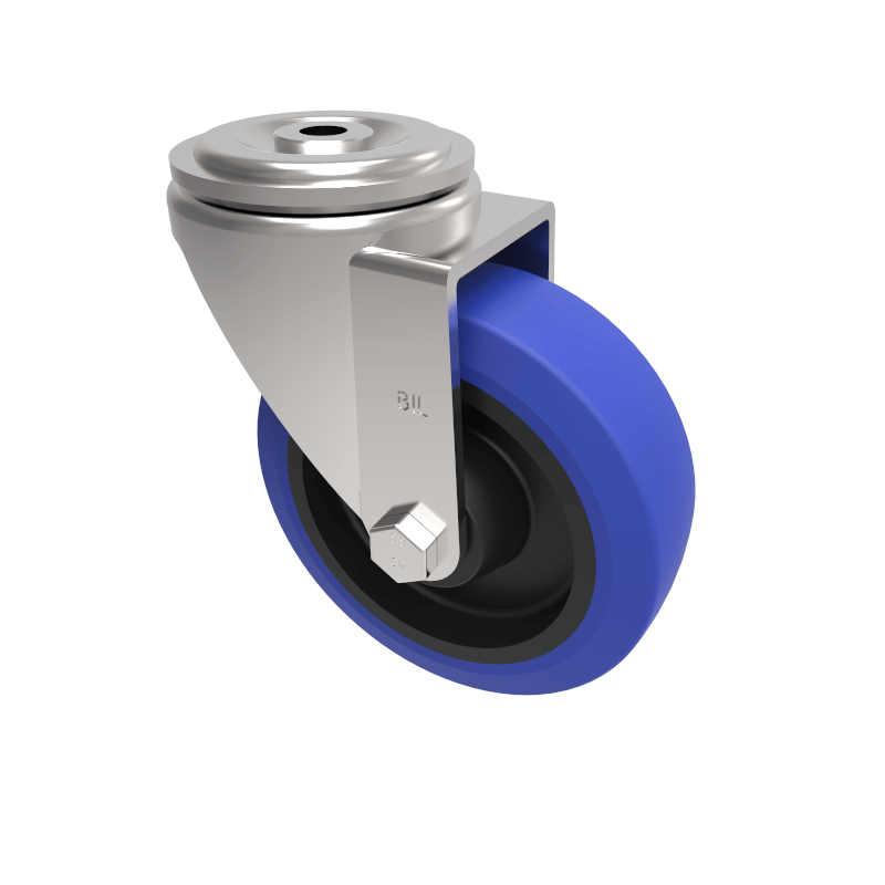 Blue Elastic Rubber 75ShoreA Bolt Hole Swivel Castor 125mm 250kg Load
