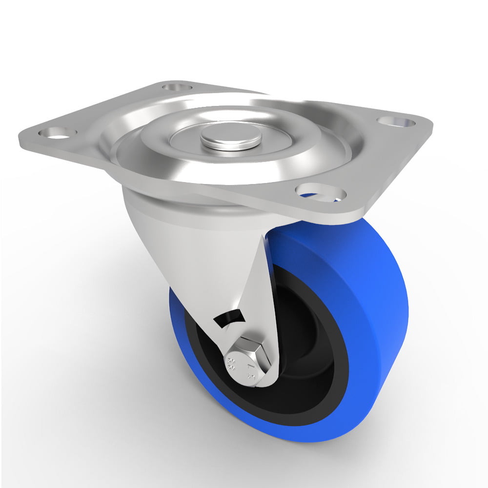 Blue Elastic Rubber 75ShoreA Plate Swivel Castor 75mm 125kg Load