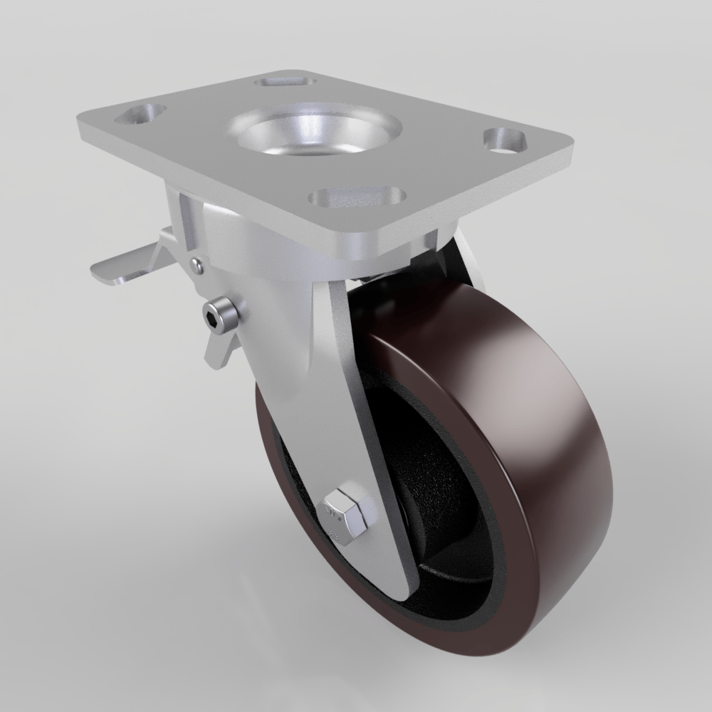 Polyurethane Cast Iron Plate Swivel Castor Brake 150mm 750kg Load