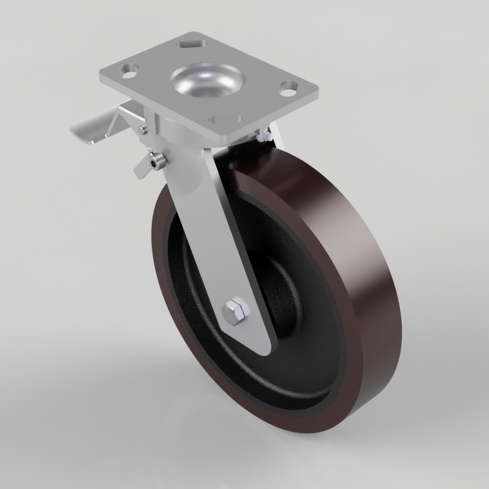 Polyurethane Cast Iron Plate Swivel Castor Brake 250mm 1200kg Load