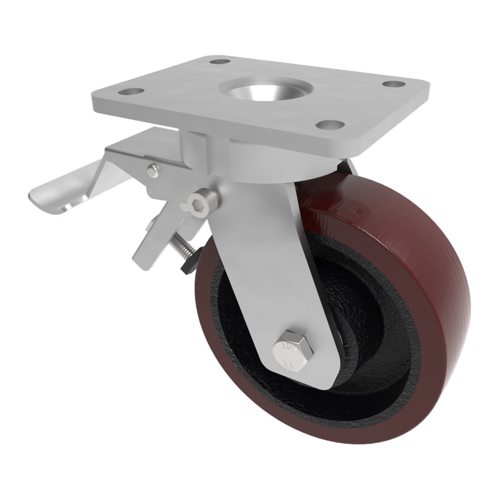 Polyurethane Cast Iron Plate Swivel Castor Brake 150mm 750kg Load
