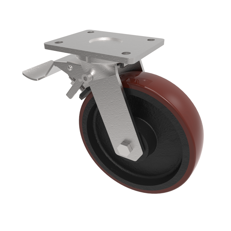 Polyurethane Cast Iron Plate Swivel Castor Brake 200mm 600kg Load