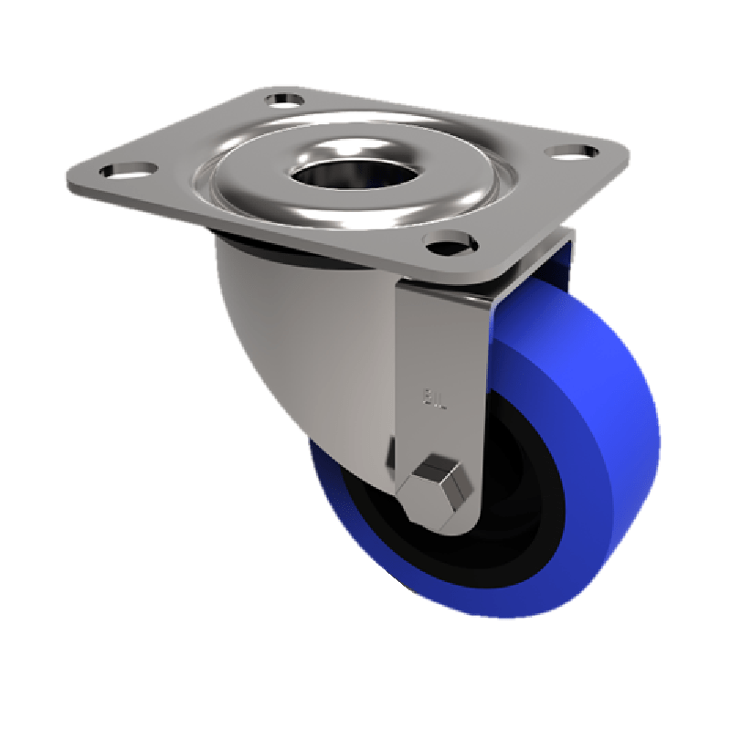 Blue Elastic Rubber 75ShoreA Plate Swivel Castor 80mm 100kg Load