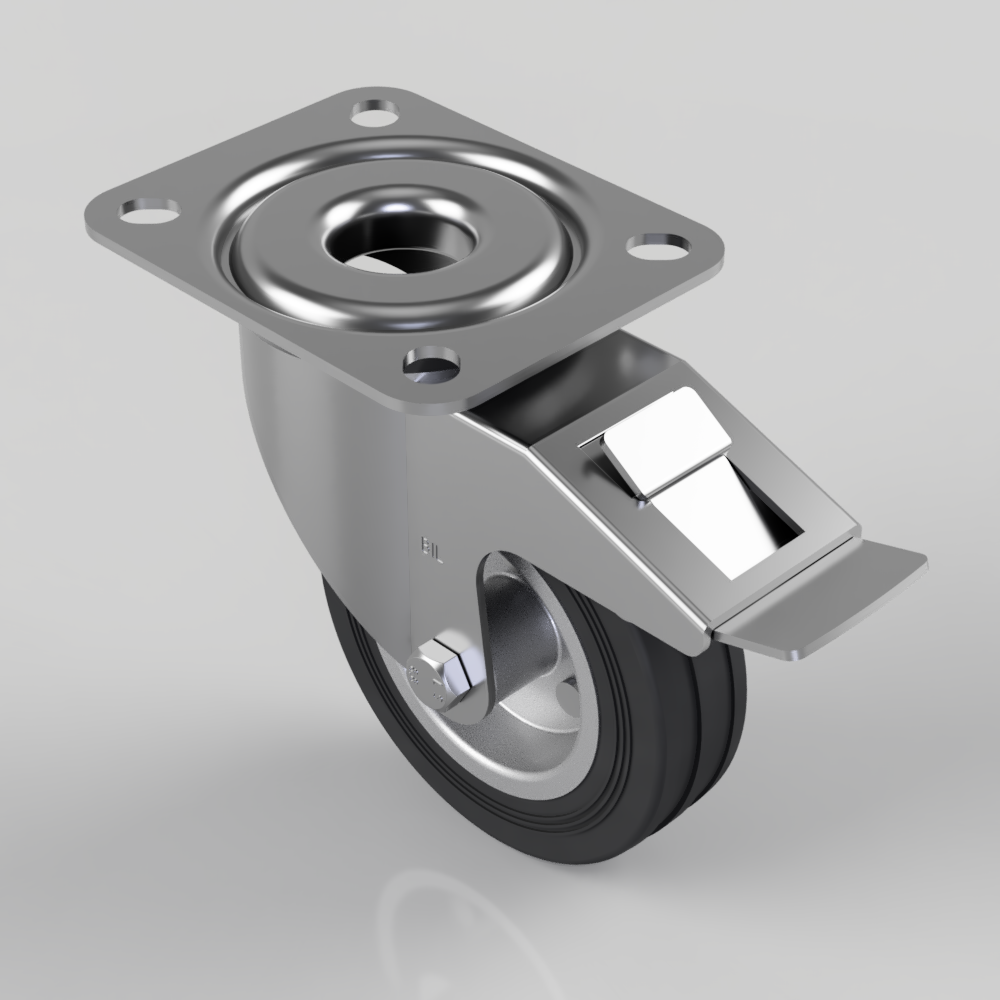 Black Rubber Pressed Steel Plate Swivel Castor Brake 100mm 70kg Load