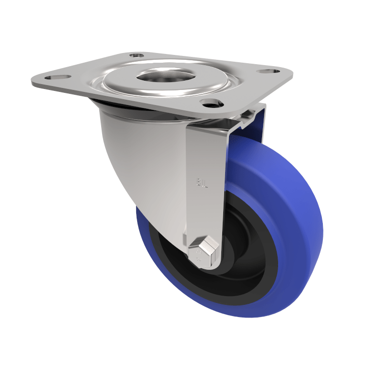 Blue Elastic Rubber 75ShoreA Plate Swivel Castor 100mm 160kg Load