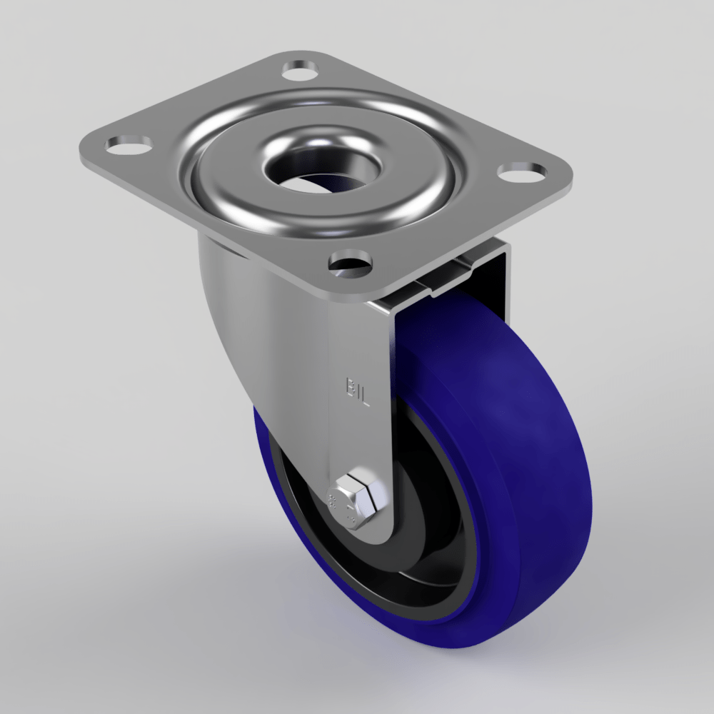 Blue Elastic Rubber 75ShoreA Plate Swivel Castor 100mm 160kg Load