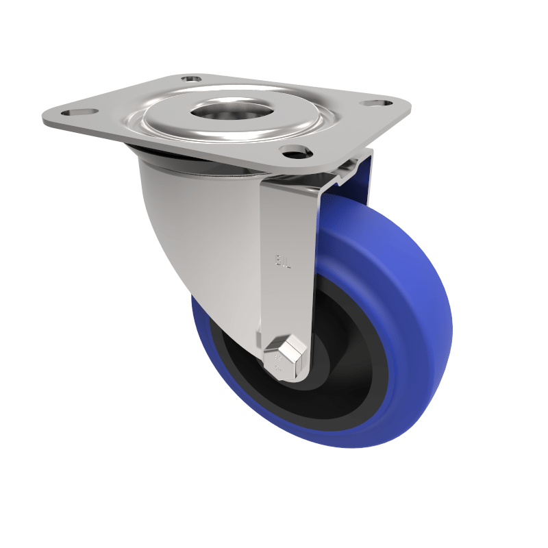 Blue Elastic Rubber 75ShoreA Plate Swivel Castor 100mm 160kg Load