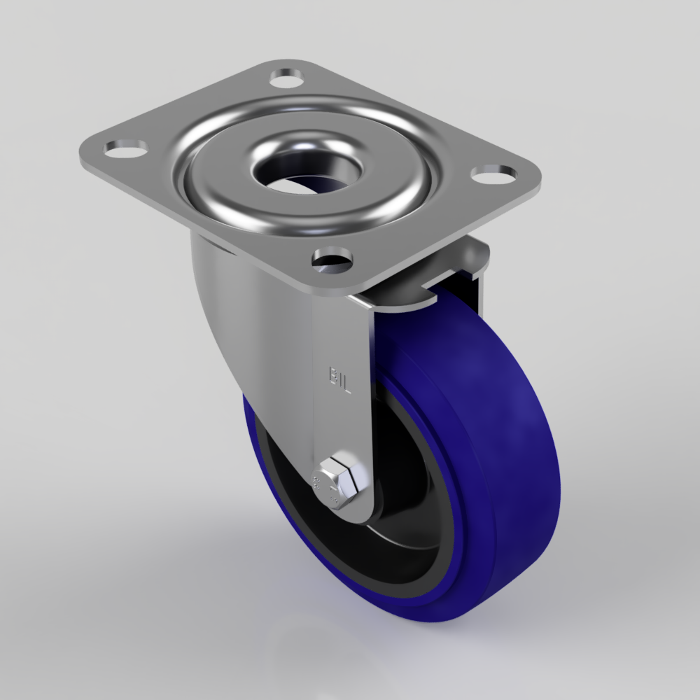 Blue Elastic Rubber 75ShoreA Plate Swivel Castor 100mm 160kg Load