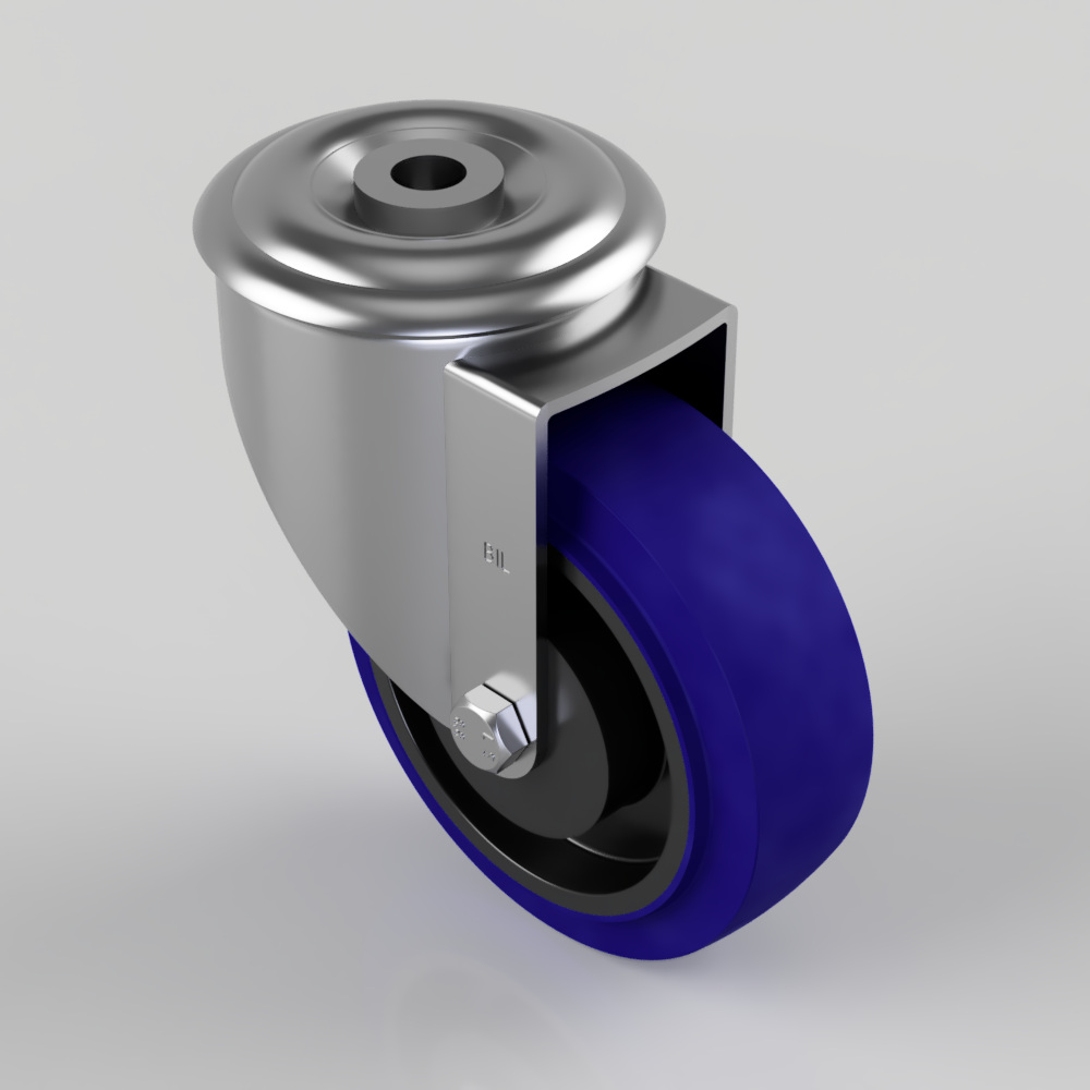 Blue Elastic Rubber 75ShoreA Bolt Hole Swivel Castor 100mm 160kg Load