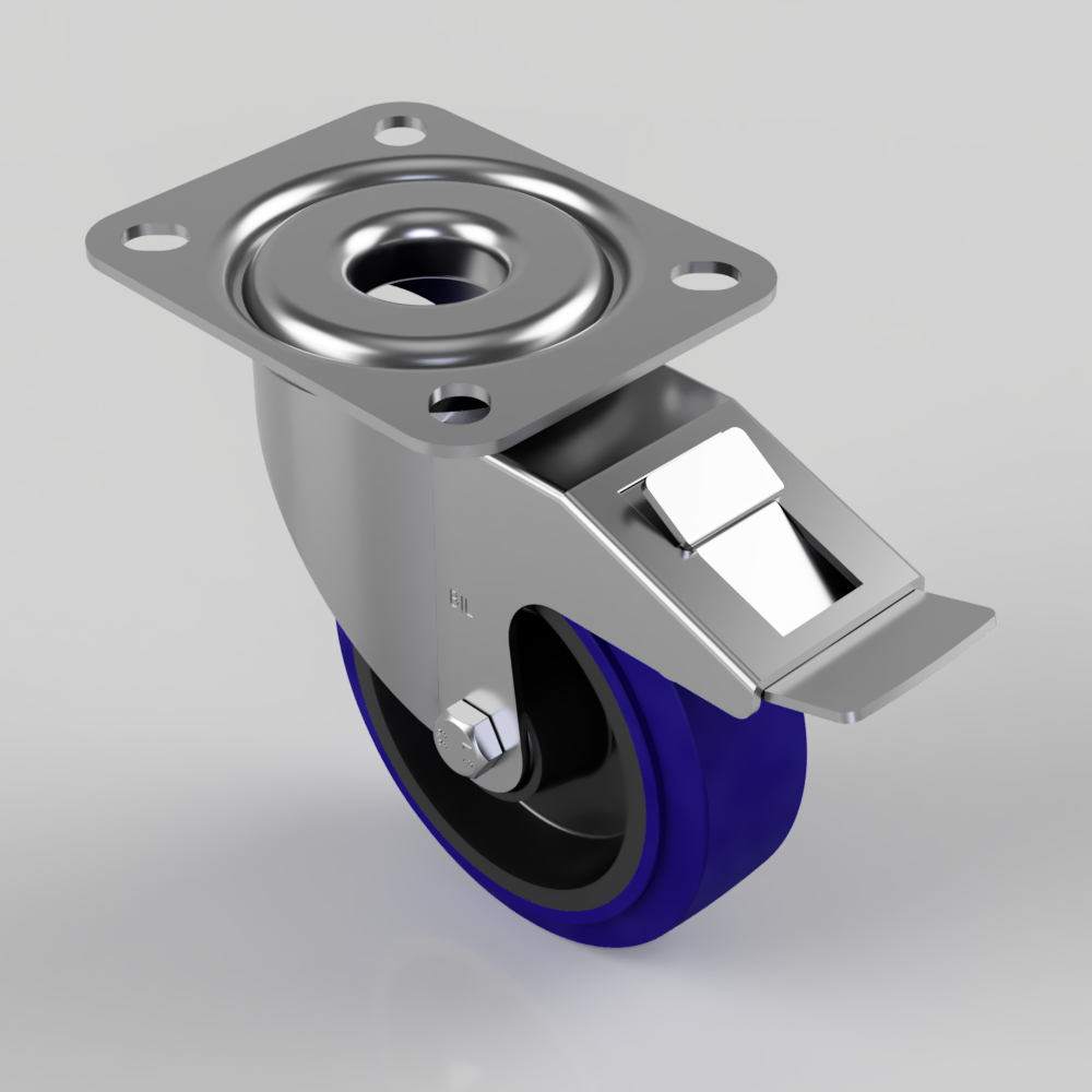 Blue Elastic Rubber 75ShoreA Plate Swivel Castor Brake 100mm 160kg Load